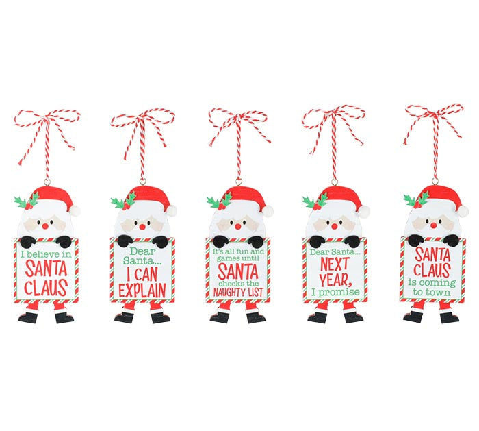 SANTA HOLDING SIGN WOOD ORNAMENTS