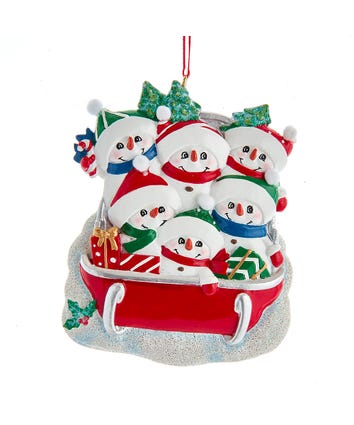 Snowman Family Of 6 On Sled Ornament For Personalization