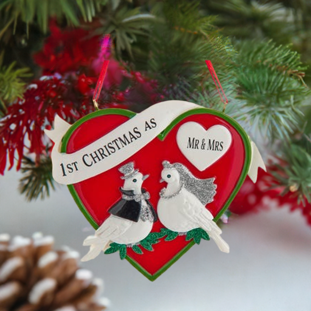 "1st Christmas As Mr. & Mrs." Dove Couple With Heart Ornament