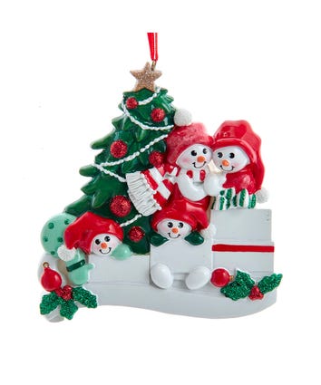 Snowmen Around Christmas Tree With Gifts Family Of 4 Ornament For Personalization