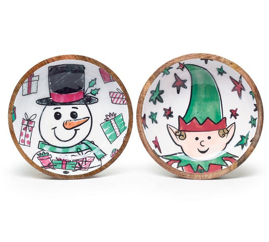 SNOWMAN AND ELF MANGO WOOD BOWLS